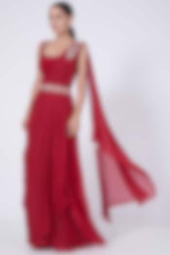 Red Hand Embroidered Draped Jumpsuit by Ridhi agarwal
