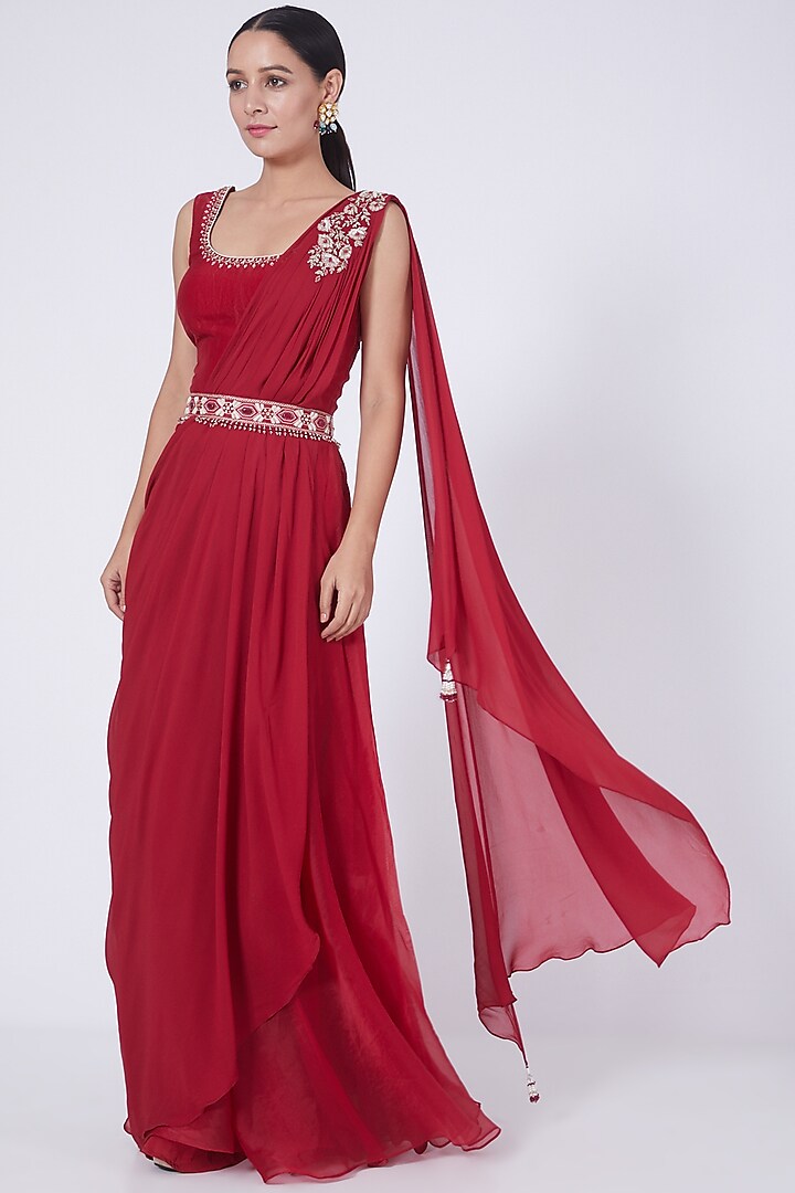 Red Hand Embroidered Draped Jumpsuit by Ridhi agarwal