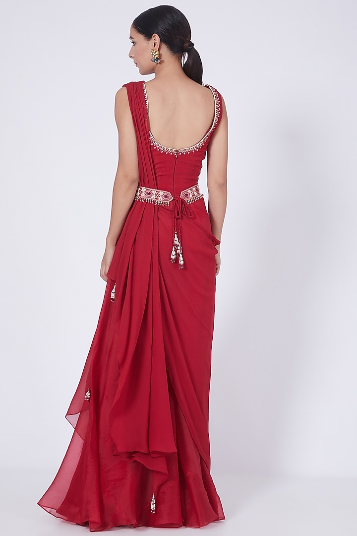 Red Hand Embroidered Draped Jumpsuit by Ridhi agarwal at Pernia's Pop Up Shop