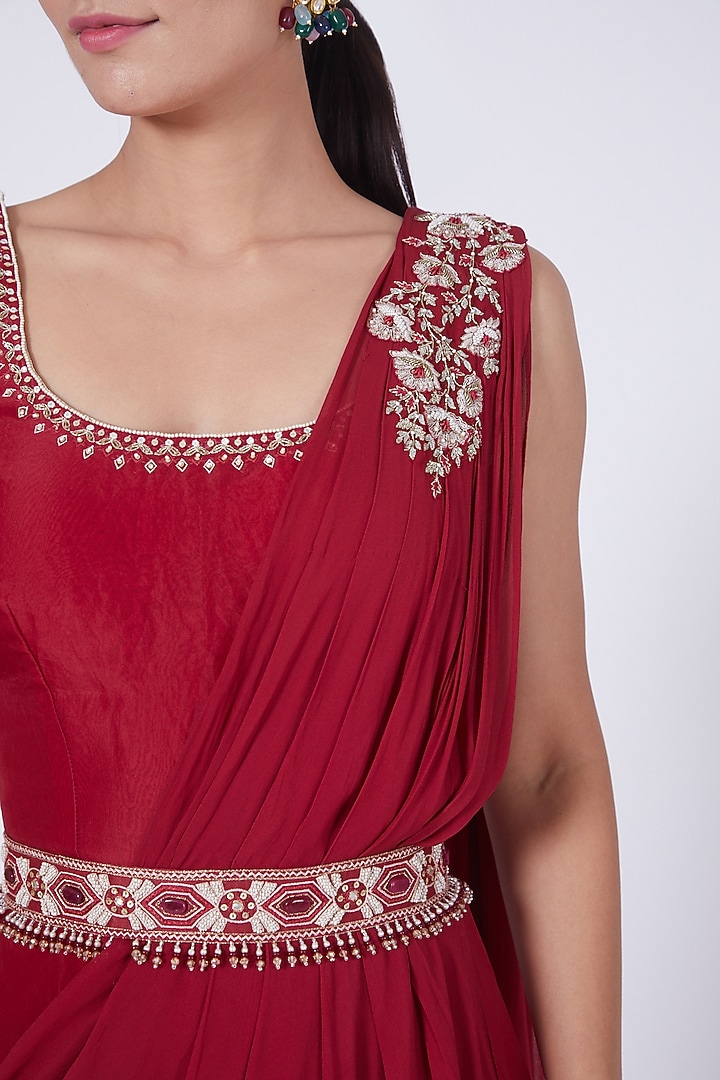 Red Hand Embroidered Draped Jumpsuit by Ridhi agarwal at Pernia's Pop Up Shop