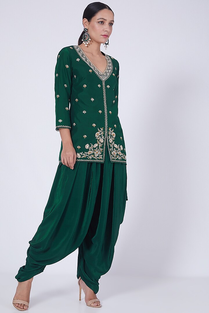 Emerald Green Embroidered Jacket Set by Ridhi agarwal at Pernia's Pop Up Shop