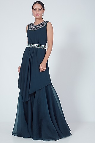 Navy Blue Sequins Hand Embroidered Kurta Set by Ridhi agarwal