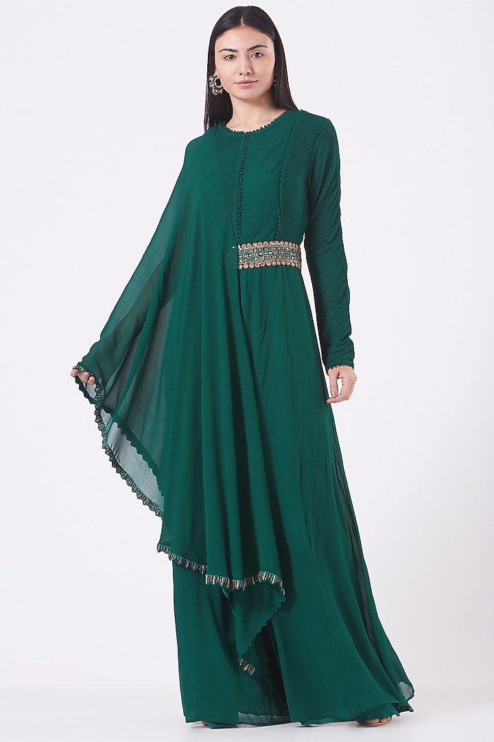 Bottle Green Embroidered Jumpsuit by Ridhima Bhasin at Pernia's Pop Up Shop