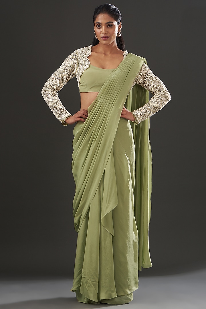 Olive Green Satin Pre-Draped Wedding Saree Set by Ridhima Bhasin at Pernia's Pop Up Shop