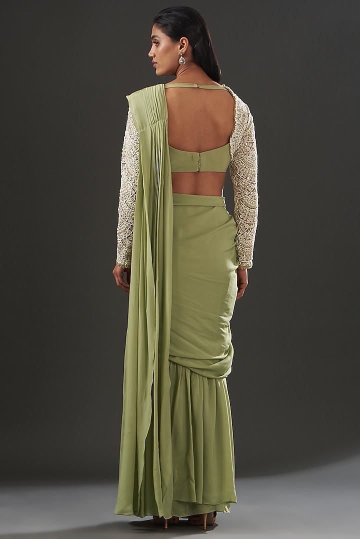 Olive Green Satin Pre-Draped Wedding Saree Set by Ridhima Bhasin at Pernia's Pop Up Shop