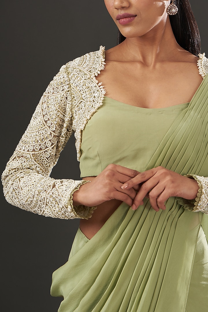 Olive Green Satin Pre-Draped Wedding Saree Set by Ridhima Bhasin at Pernia's Pop Up Shop