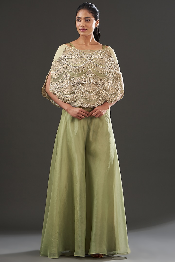 Beige Pearl Embellished Cape Set by Ridhima Bhasin at Pernia's Pop Up Shop