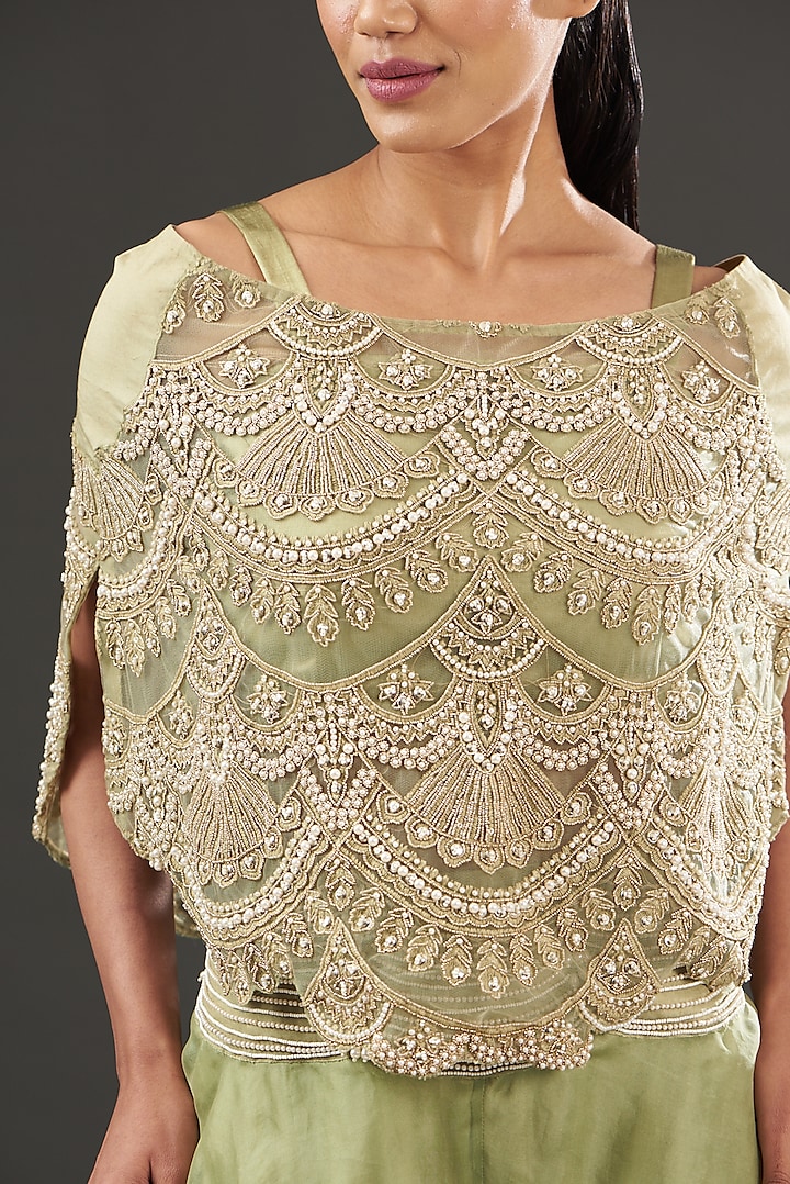 Beige Pearl Embellished Cape Set by Ridhima Bhasin at Pernia's Pop Up Shop