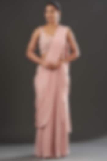 Blush Pink Chiffon & Tulle Pre-Draped Wedding Saree Set by Ridhima Bhasin at Pernia's Pop Up Shop