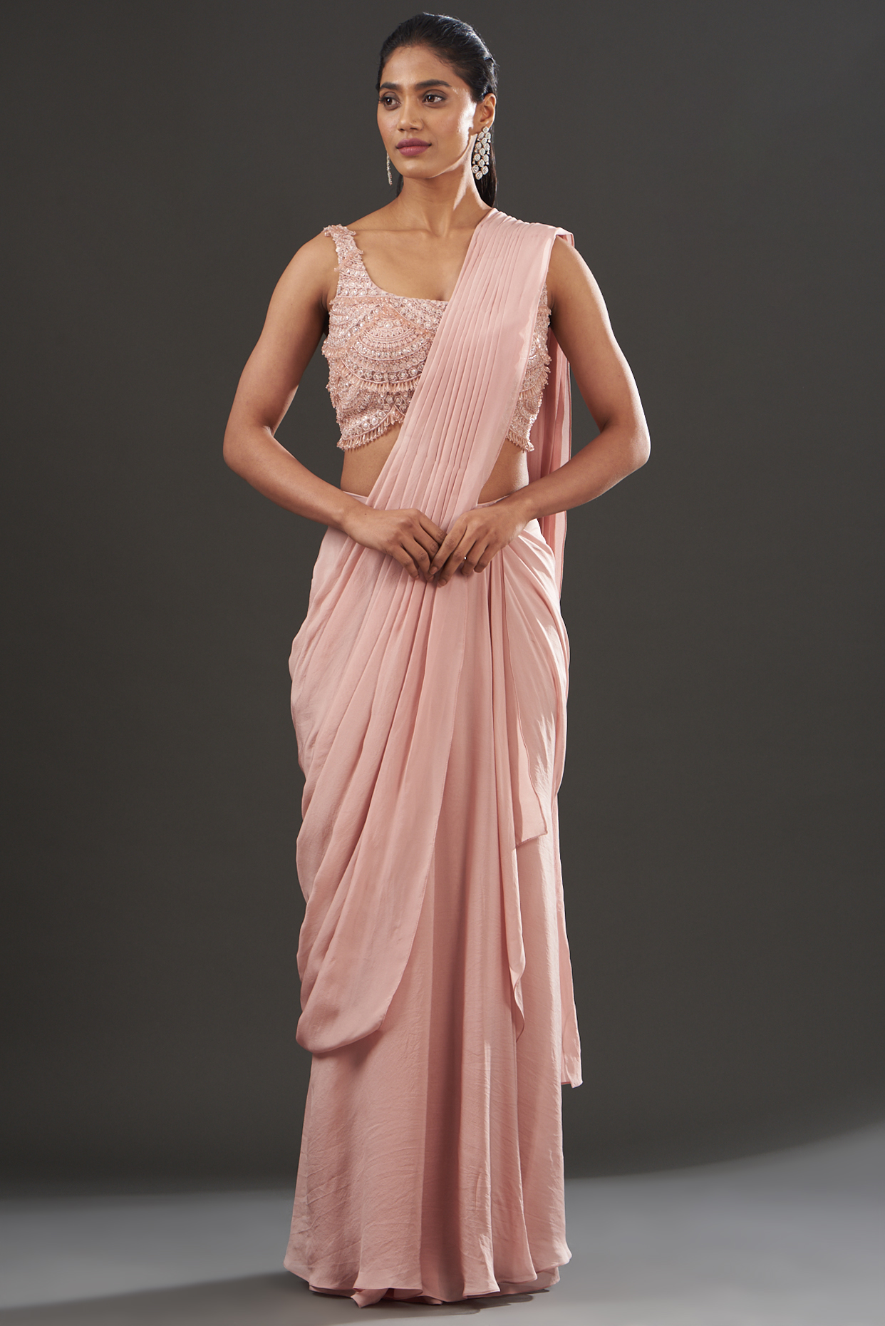 Blush Pink Chiffon & Tulle Pre-Draped Wedding Saree Set by Ridhima Bhasin at Pernia's Pop Up Shop