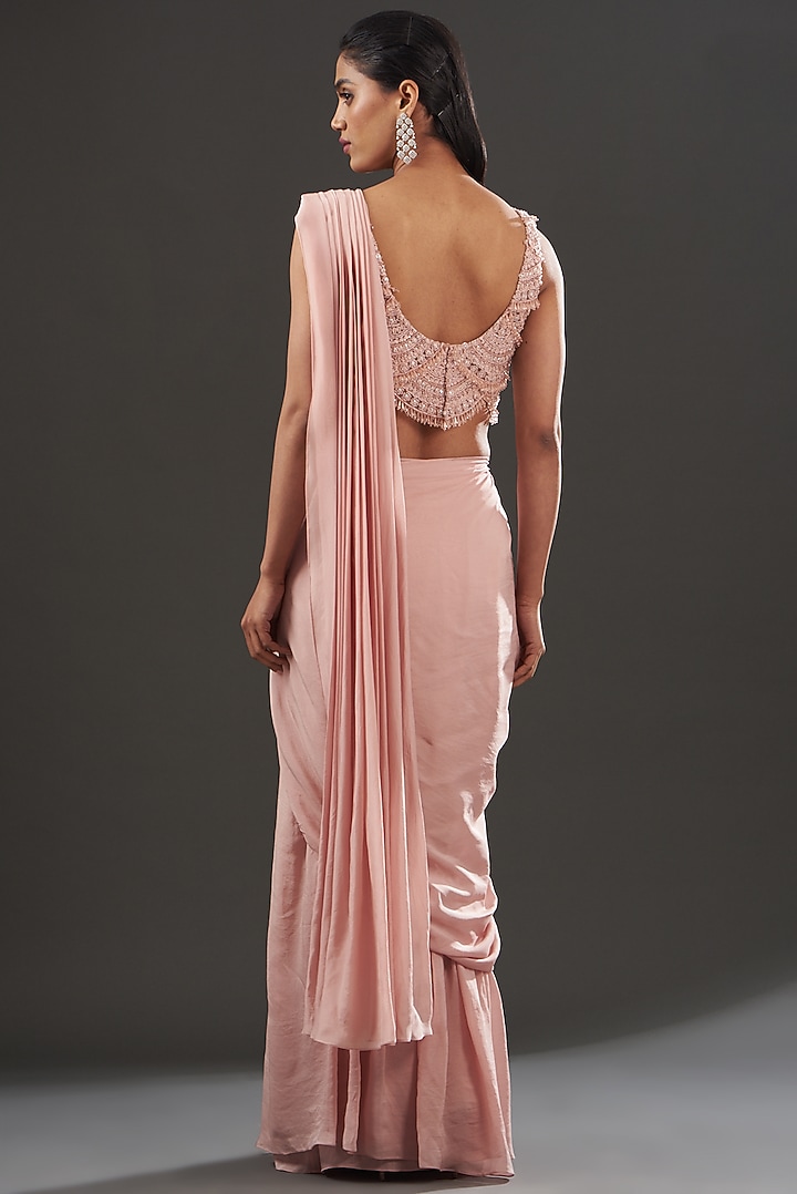 Blush Pink Chiffon & Tulle Pre-Draped Wedding Saree Set by Ridhima Bhasin at Pernia's Pop Up Shop