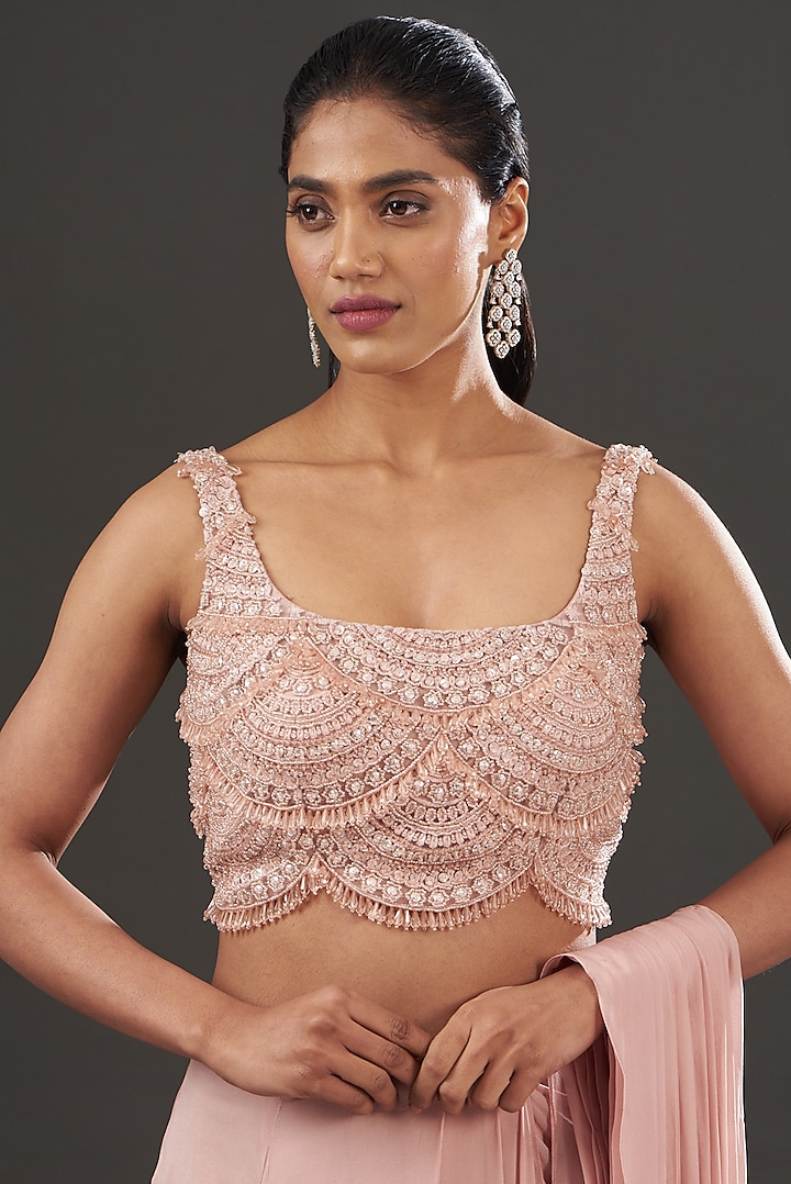 Blush Pink Chiffon & Tulle Pre-Draped Wedding Saree Set by Ridhima Bhasin at Pernia's Pop Up Shop