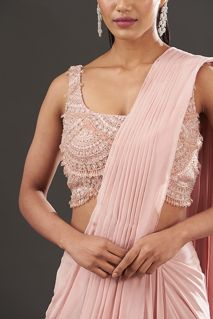 Blush Pink Chiffon & Tulle Pre-Draped Wedding Saree Set by Ridhima Bhasin at Pernia's Pop Up Shop