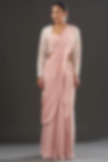Blush Pink Satin Pre-Draped Saree Set by Ridhima Bhasin