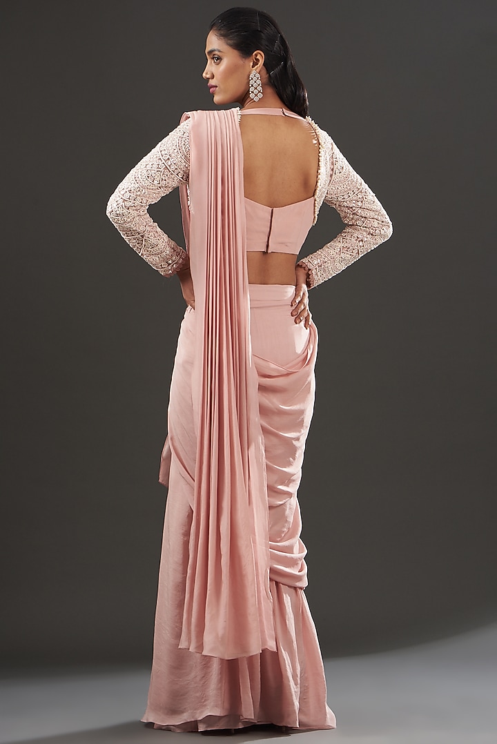 Blush Pink Satin Pre-Draped Wedding Saree Set by Ridhima Bhasin at Pernia's Pop Up Shop