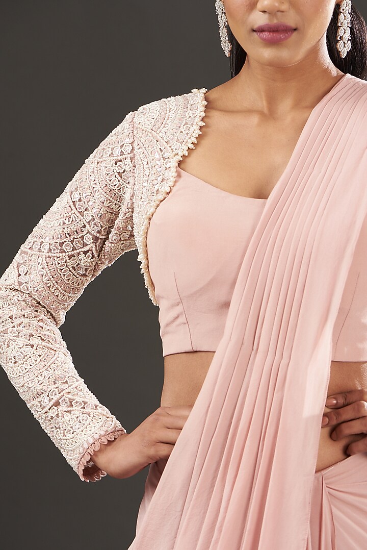 Blush Pink Satin Pre-Draped Wedding Saree Set by Ridhima Bhasin at Pernia's Pop Up Shop