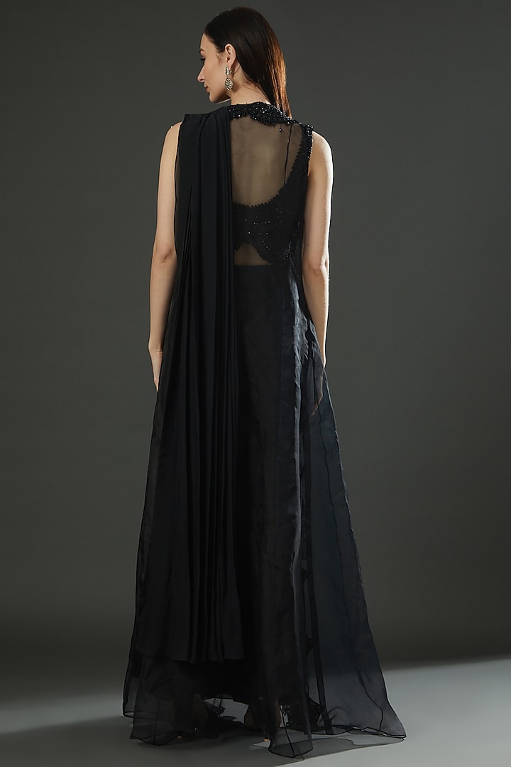 Black Satin Pre-Draped Jacket Reception Saree Set by Ridhima Bhasin at Pernia's Pop Up Shop