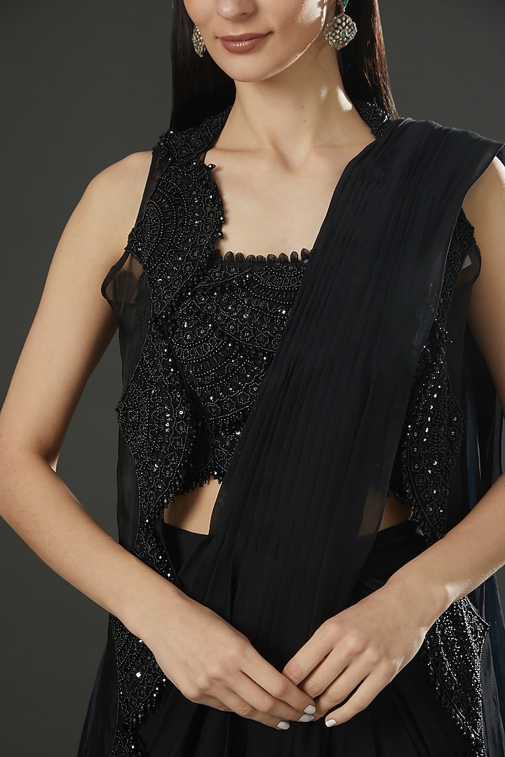 Black Satin Pre-Draped Jacket Reception Saree Set by Ridhima Bhasin at Pernia's Pop Up Shop