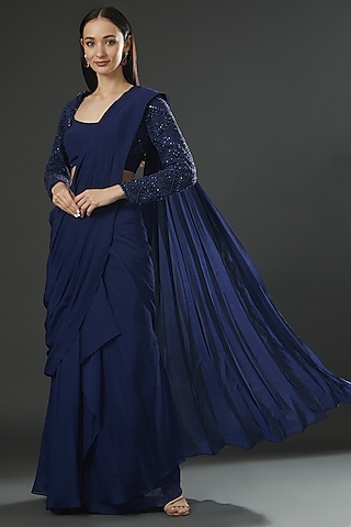 Blue Satin Pre-Draped Saree Set by Ridhima Bhasin
