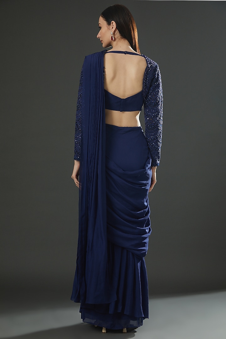 Blue Satin Pre-Draped Wedding Saree Set by Ridhima Bhasin at Pernia's Pop Up Shop