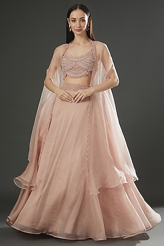 Blush Pink Embellished Jacket Lehenga Set by Ridhima Bhasin