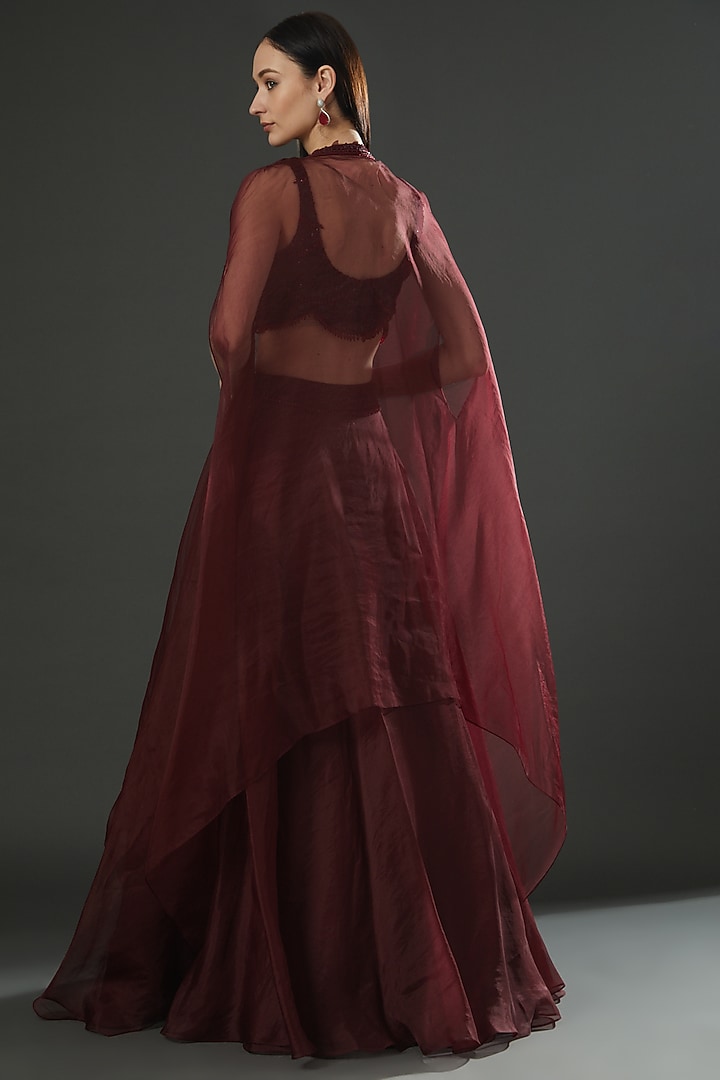 Maroon Embellished Jacket Wedding Lehenga Set by Ridhima Bhasin at Pernia's Pop Up Shop