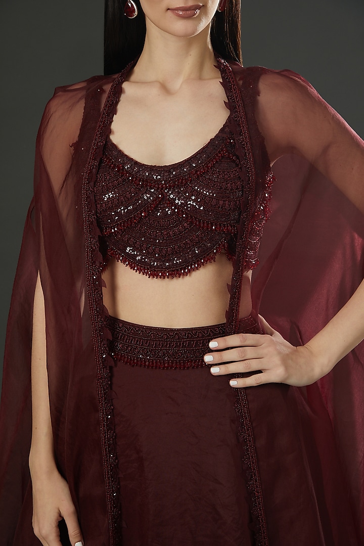 Maroon Embellished Jacket Wedding Lehenga Set by Ridhima Bhasin at Pernia's Pop Up Shop