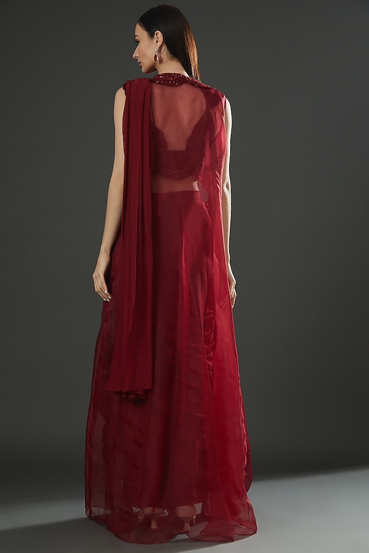 Maroon Satin Pre-Draped Jacket Reception Saree Set by Ridhima Bhasin at Pernia's Pop Up Shop