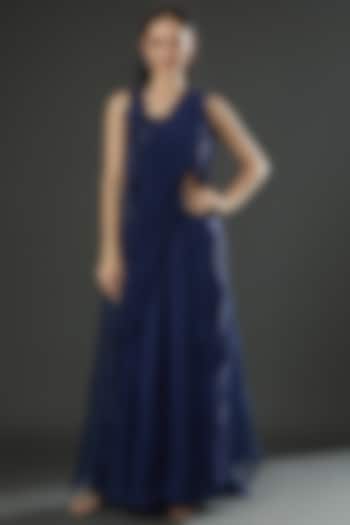 Navy Blue Satin Pre-Draped Jacket Reception Saree Set by Ridhima Bhasin at Pernia's Pop Up Shop