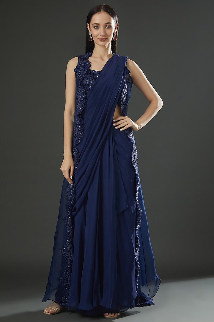 Navy Blue Satin Pre-Draped Jacket Reception Saree Set by Ridhima Bhasin at Pernia's Pop Up Shop