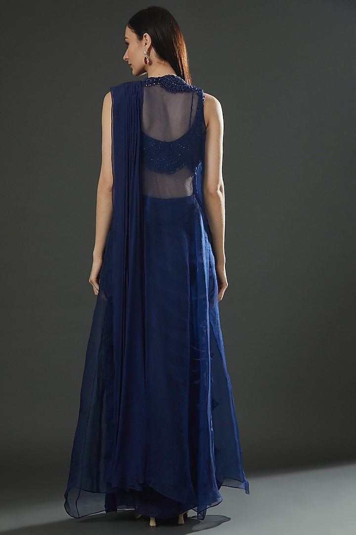 Navy Blue Satin Pre-Draped Jacket Reception Saree Set by Ridhima Bhasin at Pernia's Pop Up Shop