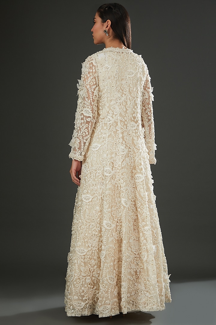 Ivory Chiffon Embellished Bridal Anarkali Set by Ridhima Bhasin at Pernia's Pop Up Shop