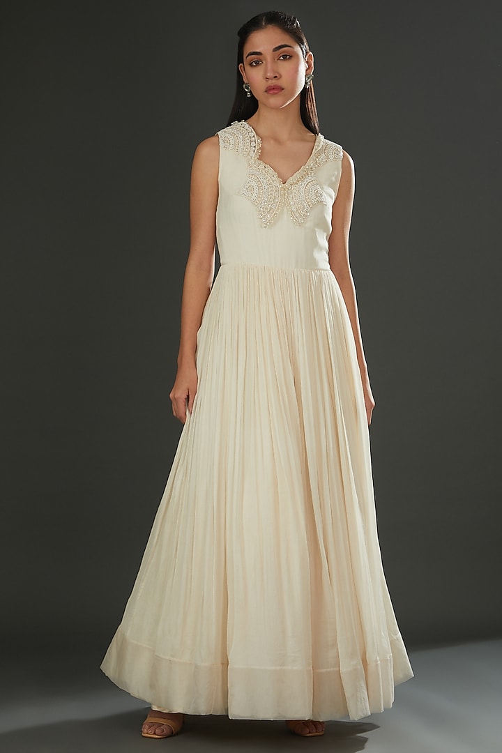 Ivory Chiffon Embellished Bridal Anarkali Set by Ridhima Bhasin at Pernia's Pop Up Shop