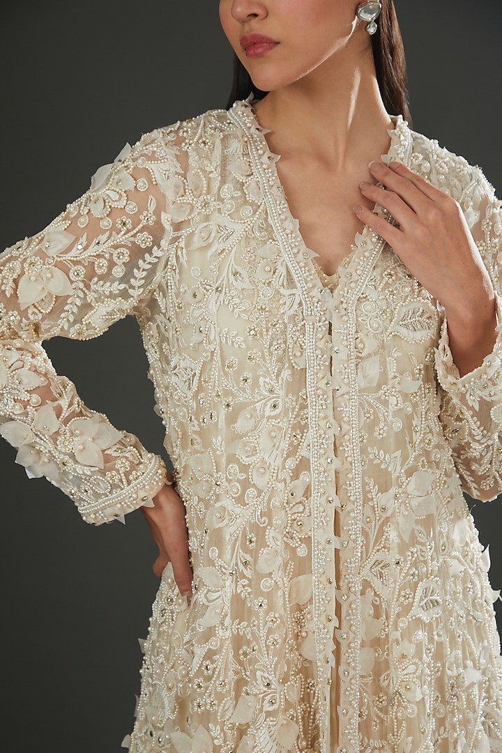 Ivory Chiffon Embellished Bridal Anarkali Set by Ridhima Bhasin at Pernia's Pop Up Shop