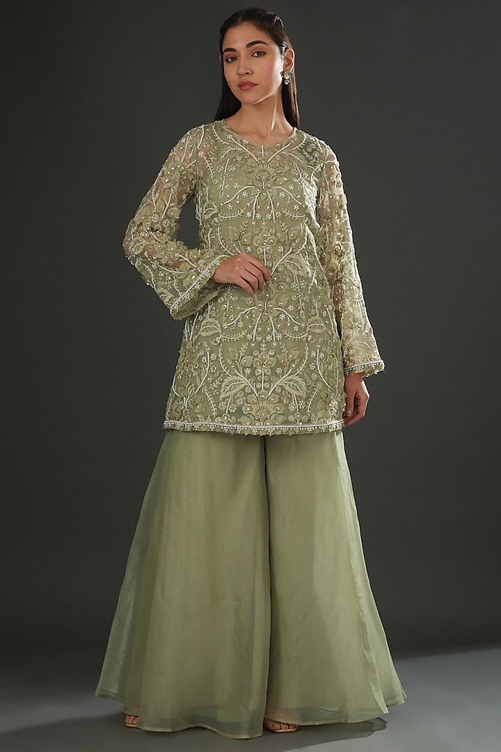 Green Organza Hand Embroidered Jacket Set by Ridhima Bhasin