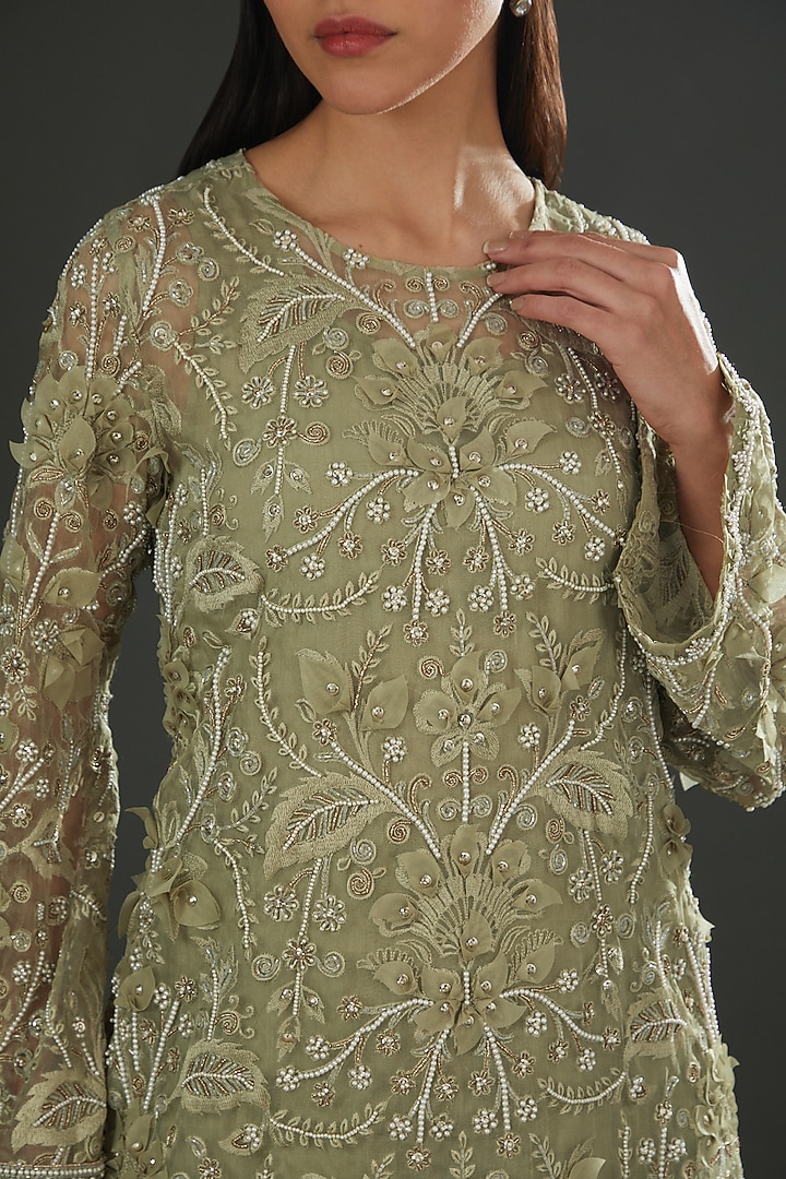 Green Organza Hand Embroidered Jacket Set by Ridhima Bhasin at Pernia's Pop Up Shop