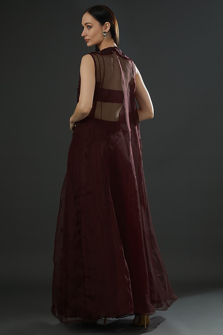 Maroon Organza Jacket Set by Ridhima Bhasin at Pernia's Pop Up Shop