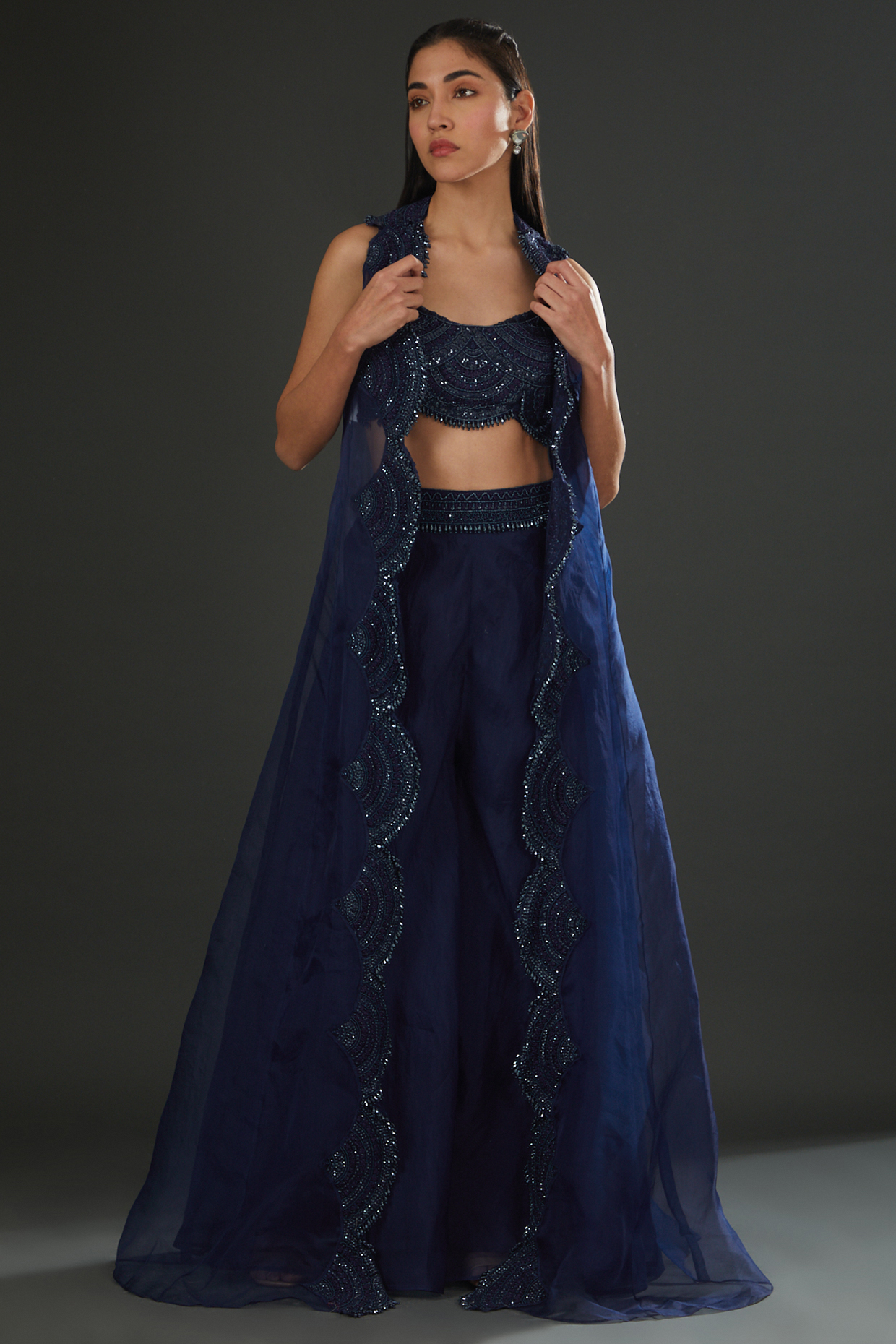 Blue Organza Jacket Set by Ridhima Bhasin