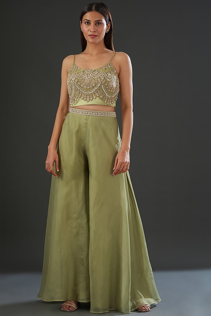 Sage Green Organza Embroidered Jacket Set by Ridhima Bhasin at Pernia's Pop Up Shop
