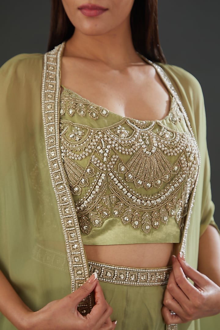 Sage Green Organza Embroidered Jacket Set by Ridhima Bhasin at Pernia's Pop Up Shop