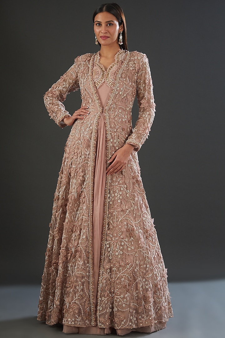 Blush Pink Chiffon Embellished Anarkali With Jacket by Ridhima Bhasin