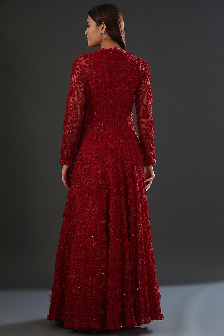 Red Chiffon Embellished Bridal Anarkali With Jacket by Ridhima Bhasin at Pernia's Pop Up Shop