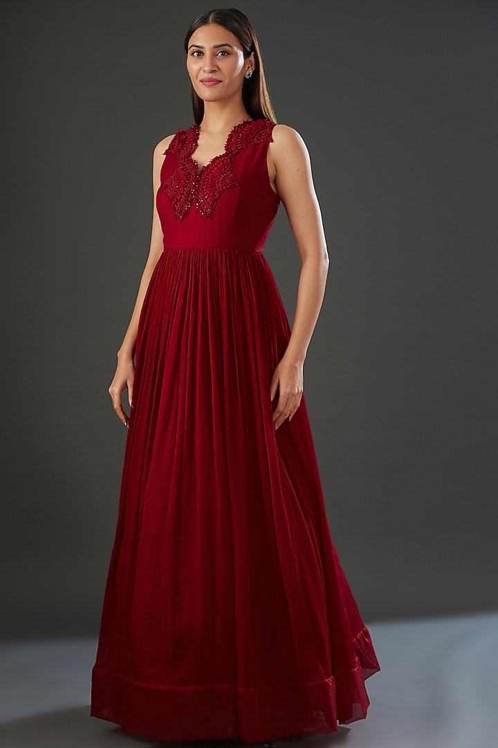 Red Chiffon Embellished Bridal Anarkali With Jacket by Ridhima Bhasin at Pernia's Pop Up Shop