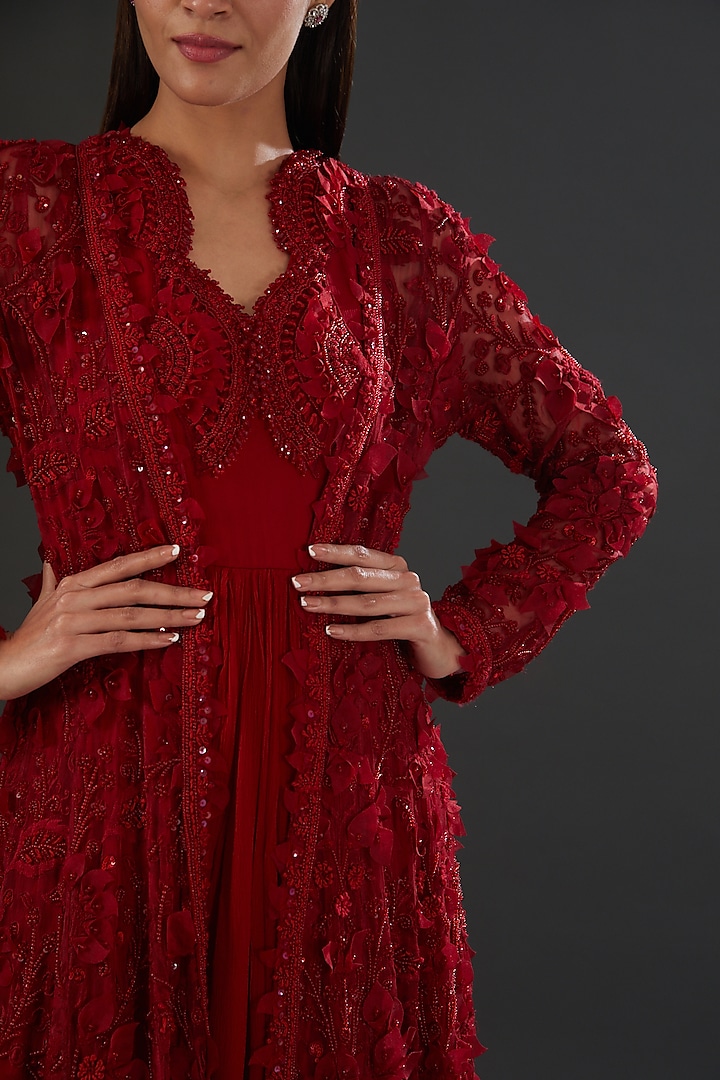 Red Chiffon Embellished Bridal Anarkali With Jacket by Ridhima Bhasin at Pernia's Pop Up Shop