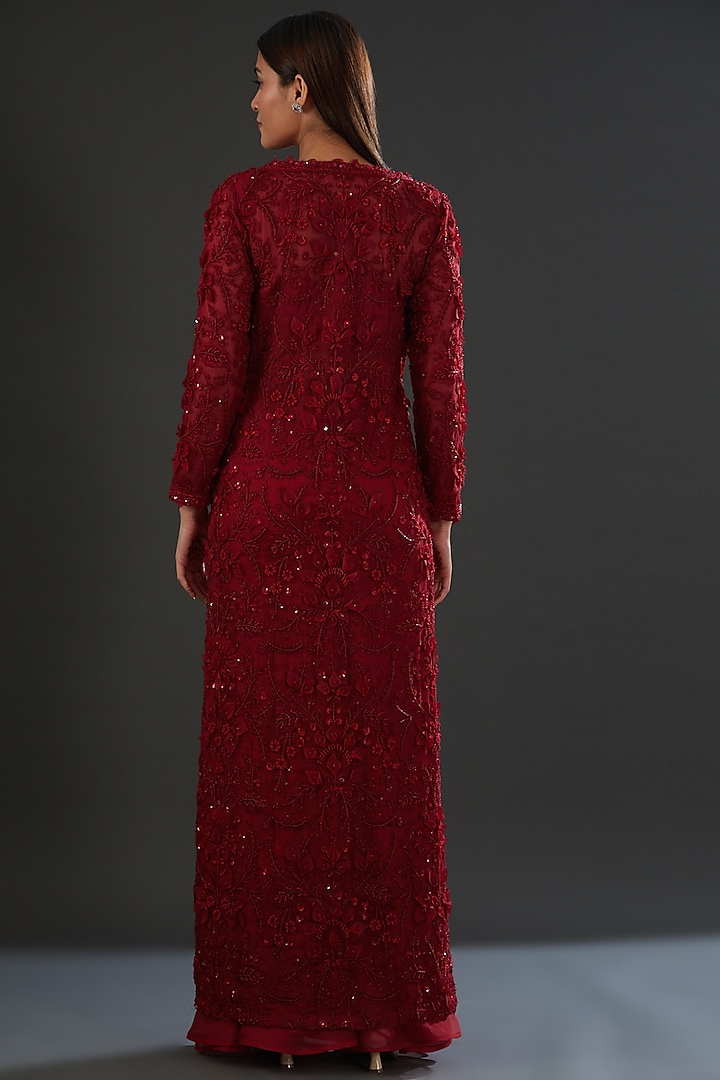 Red Organza & Crepe Embellished Jacket Set by Ridhima Bhasin at Pernia's Pop Up Shop