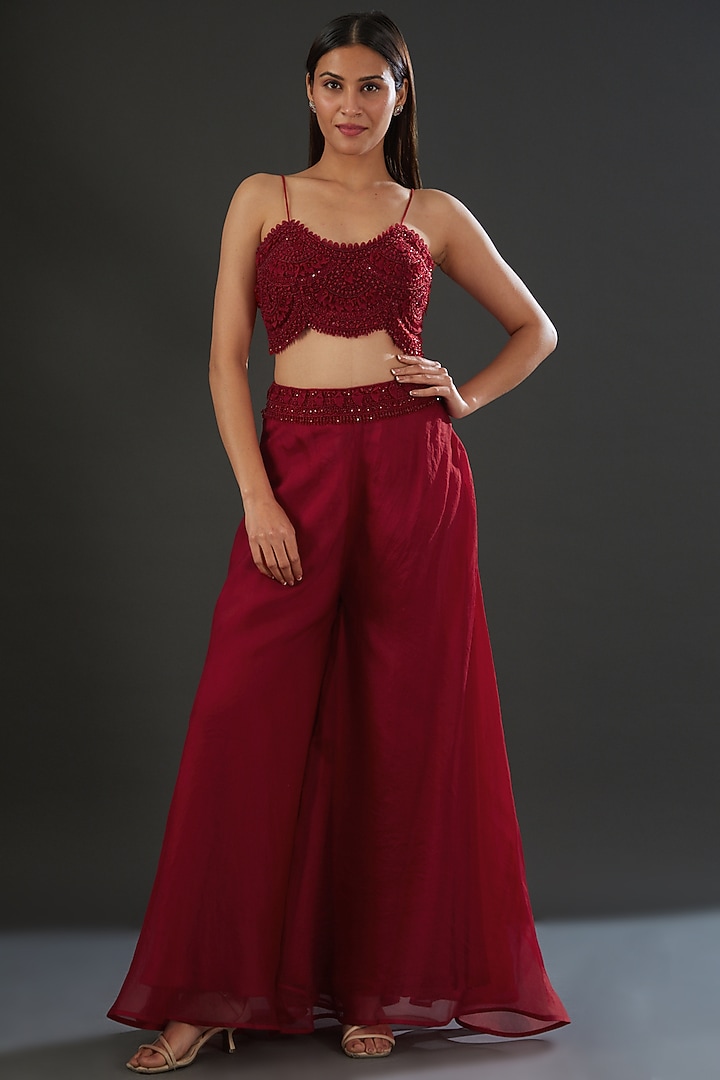 Red Organza & Crepe Embellished Jacket Set by Ridhima Bhasin at Pernia's Pop Up Shop