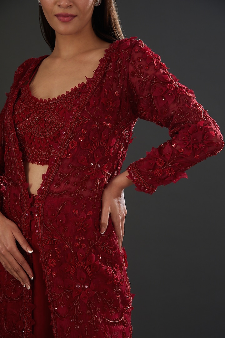 Red Organza & Crepe Embellished Jacket Set by Ridhima Bhasin at Pernia's Pop Up Shop