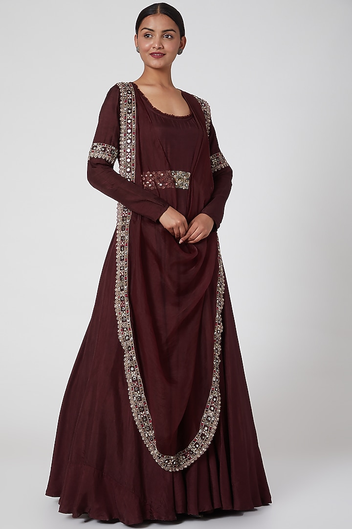 Maroon Embroidered Wedding Anarkali Set by Ridhima Bhasin at Pernia's Pop Up Shop