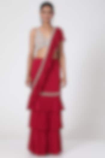 Fuchsia Frilled Pre-Stitched Saree Set by Ridhima Bhasin