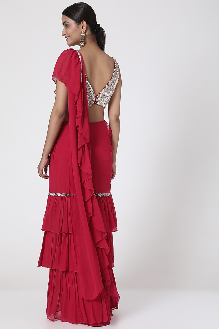 Fuchsia Frilled Pre-Stitched Wedding Saree Set by Ridhima Bhasin at Pernia's Pop Up Shop